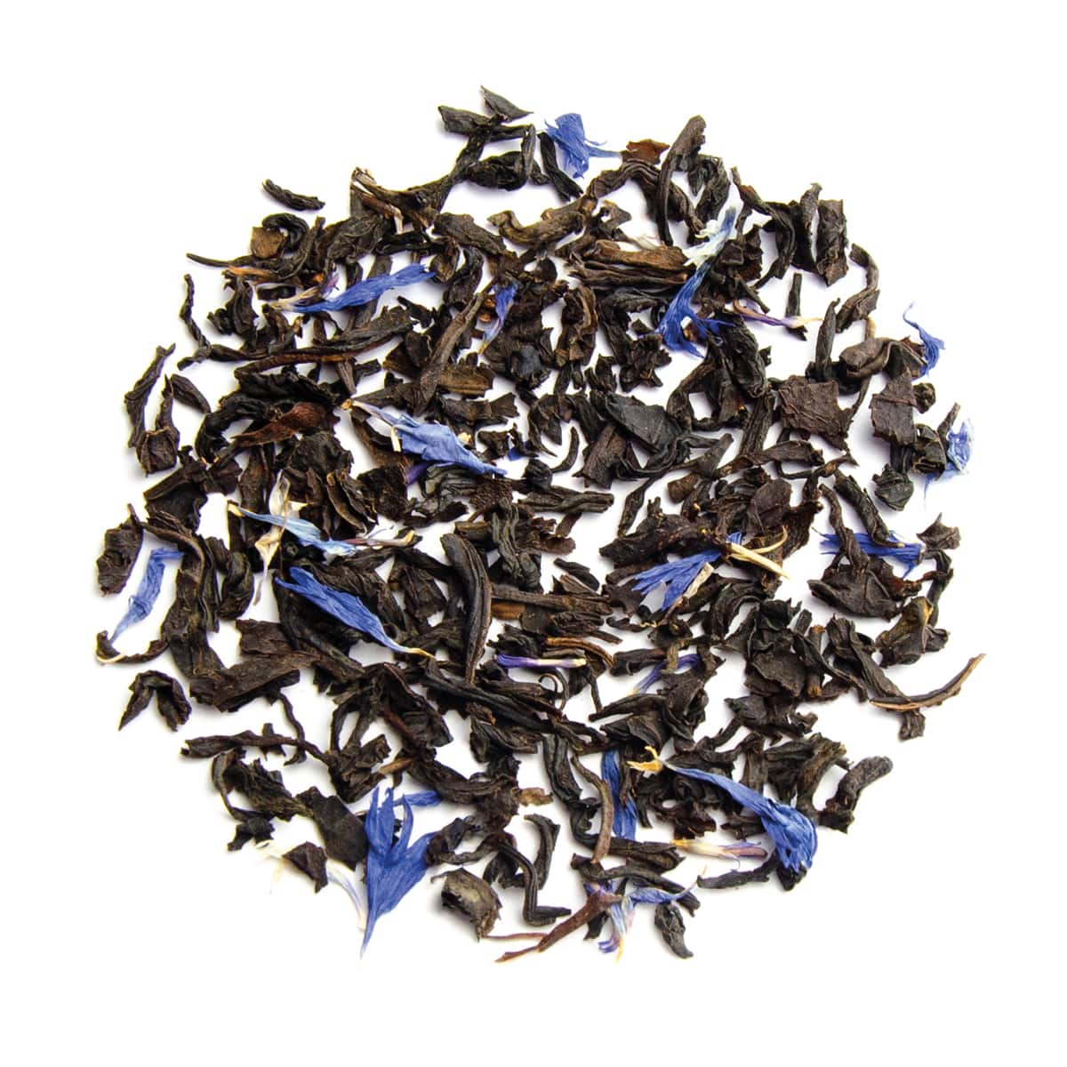 Blue Earl Grey - Lose schwarze Teeblätter mit blauen Spitzen im Kreis angeordnet